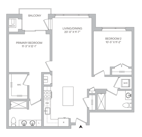 Floorplan of a 2 bedroom 2 bath apartment with 1,051 square feet and a balcony
